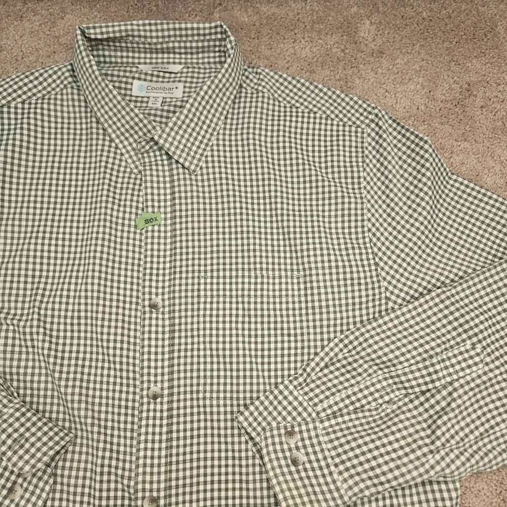 Coolibar Mens Button Down Shirt Green Gingham Long Sleeve UPF 50+ Size XXL
